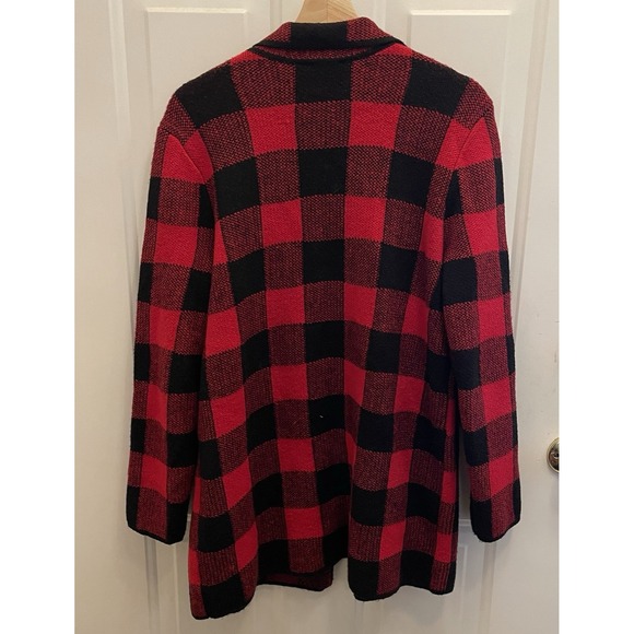 Talbots Cardigan Red Black Buffalo Plaid Long‎ Cotton Blend Pockets Womens M - Picture 5 of 6